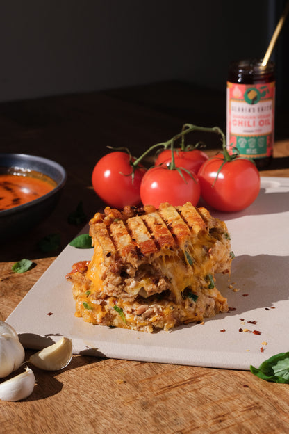 Tuna Melt with cheese, tomato soup, Vegan Chili Oil
